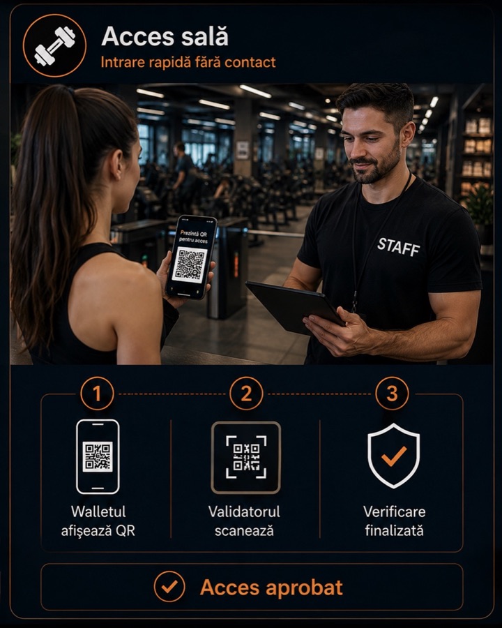 Member presents the wallet at the gym reception — staff scans the QR on a tablet, access granted instantly.